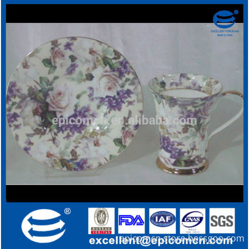luxury gold and purple flowers decal bone china tea set for six people in stock